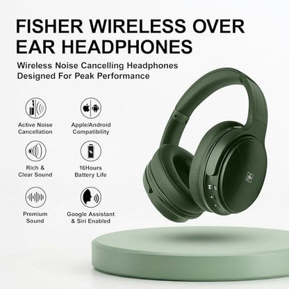 Fisher Pro Active Noise Cancelling Headphones,Over-Ear Headphones Wireless | Bluetooth 5.3, Microphone, Lightweight Comfortable Headset for Home, Travel, Rechargeable Workout Headphones, Deep Base - color: Dark Green