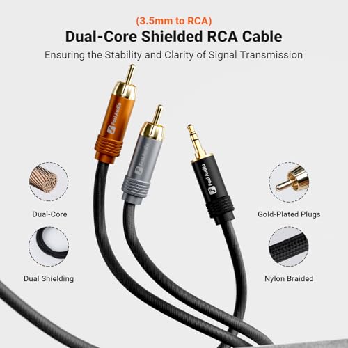Fosi Audio 3.5mm to RCA Cable 3.9Ft, Dual-Core with Dual Shielding, Gold-Plated Connectors, Durable PVC & Nylon Braided, Compatible with Phones, Tablets, Amplifiers, Active Speakers