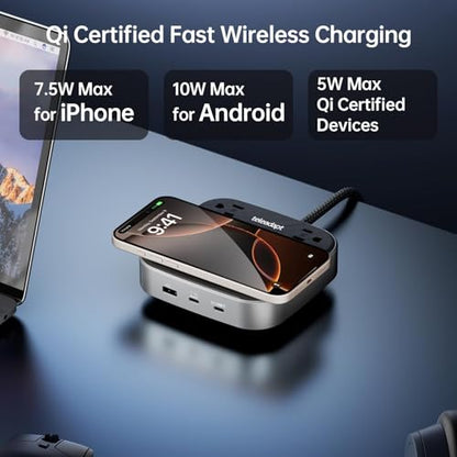 Charging Station 67W, 6 in1 iPhone Charging Station with USB Port | Wireless Charging, 2× AC Outlets, Desktop/Bedside/Nightstand GaN Multi Power Station for iPhone, Galaxy, Hotel-Grade, Grey - color: Grey