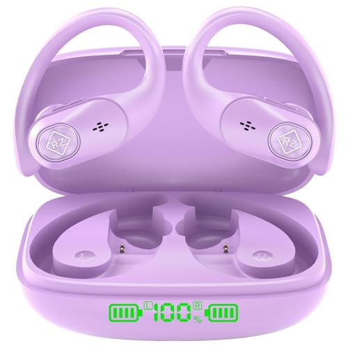 Wireless Earbuds with Ear Hooks 96H Playtime for iPhone Android | LED Display Deep Bass Stereo Sound Built in Mic Sweat Resistant Design Low Latency Mode for Sports Gaming - color: Purple