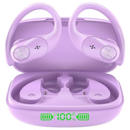 Wireless Earbuds with Ear Hooks 96H Playtime for iPhone Android | LED Display Deep Bass Stereo Sound Built in Mic Sweat Resistant Design Low Latency Mode for Sports Gaming - color: Purple