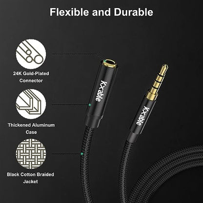 Kxable 3.5mm Headphone Extension Cable 15FT, 4 Pole TRRS 1/8 inch Male to Female Stereo Audio Cord, Nylon Braided, Microphone Compatible, for Headphone, iPad, Smartphone, Media Players, Tablet- Slim - size: 15FT