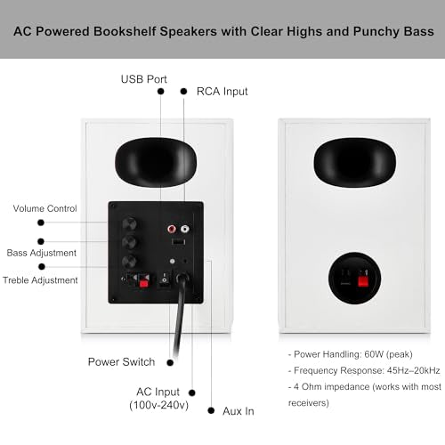 4-Inch Powered Bluetooth Bookshelf Speakers, White - color: White