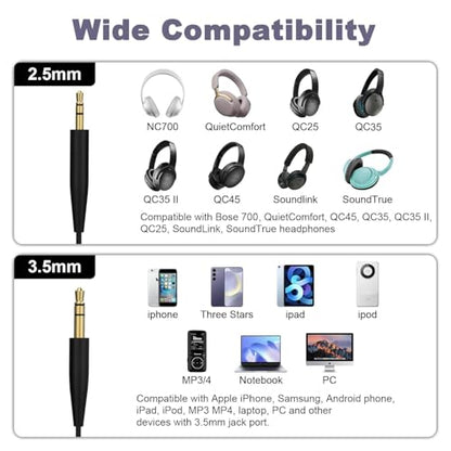 Replacement Audio Cable 3.5mm to 2.5mm for Bose Headphones | Compatible with Bose 700 QC45 QC35II QC35 QC25, SoundTrue Soundlink OE2, Aux Cord Wire, No Mic