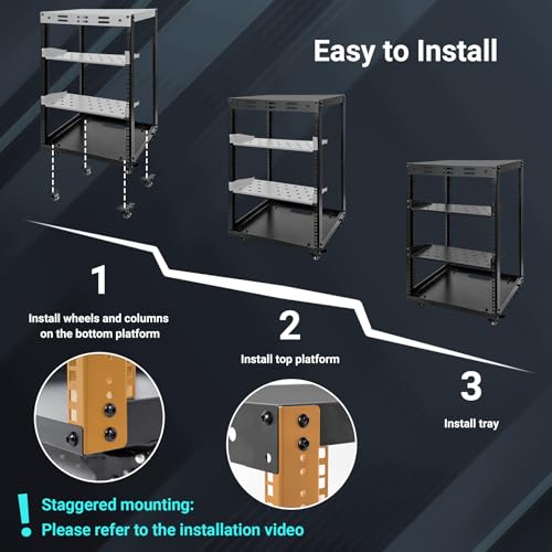 15U Open Frame Server Rack, Wall-mountable IT Rack w/Swivel Casters, 2 Rack Shelves, Top & Bottom Panels, Network Rack for Stereo/Computer/Data/IT/AV Equipment, 19.7”L x 18.8”W x 32.3”H - size: 15U