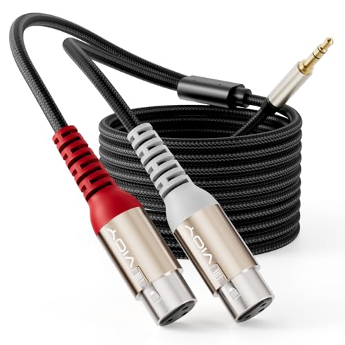 VIOY 3.5mm TRS to Dual XLR Female Cable, Unbalanced Microphone Cord, 6.6 FT | multi-layer shielding noise reduction, nylon braided mic Y splitter, splits stereo signal to L/R mono XLR channels - size: 6.6FT