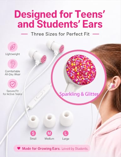 2-Pack Teens Wired Earbuds with Glitter Pink Case, School Headphones | GOGOSINIS 2-pack Wired Student Earbuds with Glitter Pink case, 3.5mm Headphones,Mini Carabiner Clip for School Backpacks - color: Diamond Pink