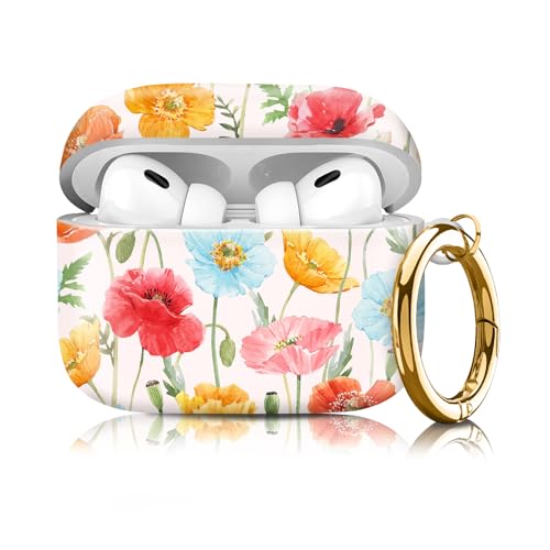 Compatible with Airpod pro 2nd/1st Generation Case Cover with Gold Round Keychain Cute Pattern Hard & Anti Slip Cover for Men Women & Girls（Blue Flowers） - color: Blue Flowers