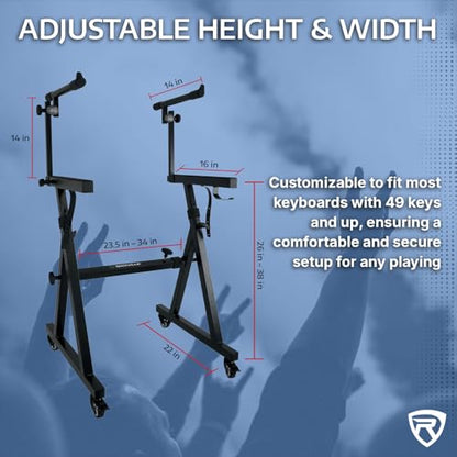 Rockville Z45W Dual Tier Keyboard Stand, Adjustable Height 26"-38", Width 23.4"-34", 250 lb Capacity, Lockable Wheels, Ideal for Digital Piano, Synths, and DJ Gear, Includes Travel Bag