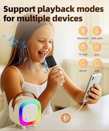 Kids Karaoke Machine Toy Ages 3-12, Mini 2 Wireless Mics Bluetooth Speaker | LED Party Lights, Voice Changer, Duets, BT 5.3, Rechargeable Portable, Christmas Birthday Gifts for Toddler Boys & Girls - color: Off-White - 2 Mics