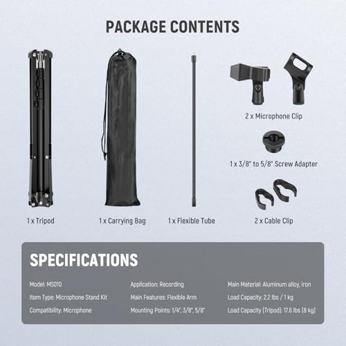 NEEWER Microphone Stand with Flexible Arm, Boom Arm Mic Floor Tripod Mount Holder with Mic Clips, 3/8" to 5/8" Adapter, Cable Clips for Singing Vlogging Live Streaming Video Recording, MS010 - style: MS010