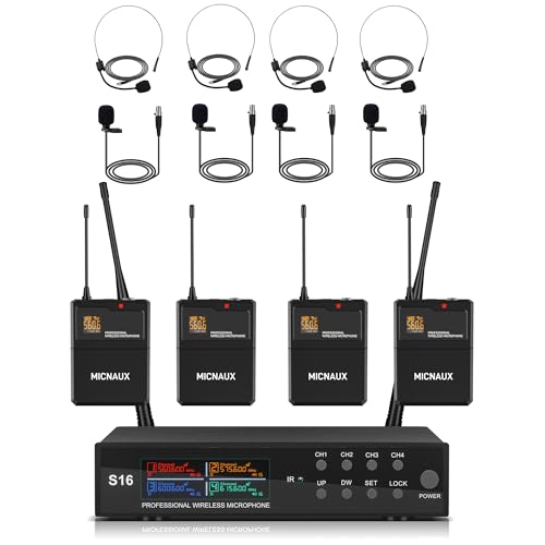 Lapel Wireless Microphone System with Headset & Lavalier Mics, Pro 4 Channel UHF Mics Set with Bodypack Transmitter & Metal Receiver, 200 Adjustable Frequency, 300ft Range for Church, Party - size: 4 Channel