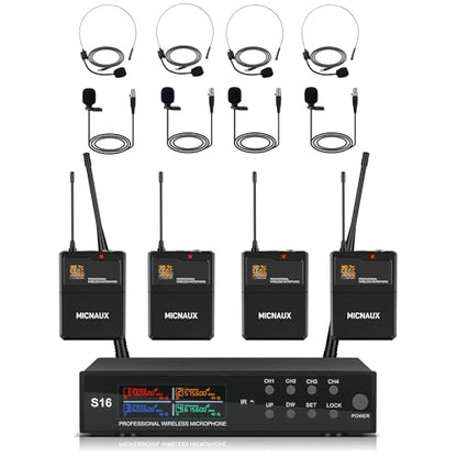 Lapel Wireless Microphone System with Headset & Lavalier Mics, Pro 4 Channel UHF Mics Set with Bodypack Transmitter & Metal Receiver, 200 Adjustable Frequency, 300ft Range for Church, Party - size: 4 Channel