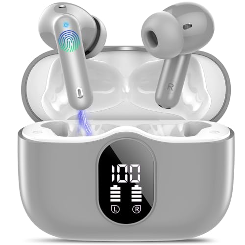 Btootos Wireless Earbuds, Bluetooth 5.4 Headphones Bass Stereo, Ear Buds with Noise Cancelling Mic, IP7 Waterproof in Ear Earphones, 36H LED Display Bluetooth Earbuds for Laptop Pad Phones, Fog Gray | Ear Buds with Noise Cancelling Mic LED Display, 36H, I
