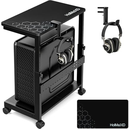 Height Adjustable Computer Tower Stand, 2-Tier ATX-Case CPU Holder with Mouse Pad & Headphone Stand, Mobile PC Standing Under Desk, Home Office Gaming Accessories, Computer Cart Wheels, Black - color: Black