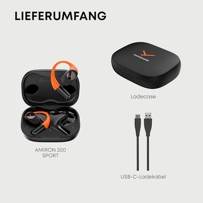 beyerdynamic AMIRON 200 True Wireless Bluetooth Earbuds w/Ear Hooks. Running, Biking, Sport, Fitness Open Headphones with 36Hrs Playtime. IP54 Weather Resistant Earphones, Lightweight. Black w/Orange - color: Sport
