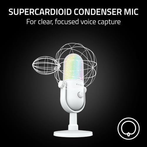 Razer Seiren V3 Chroma 32‐Bit DSP, USB-C Microphone for PC & Mac, White | AI Audio Processing, Noise Isolation, Tap-to-Mute, Supercardioid Condenser Mic, Chroma RGB, Discord, OBS Studio, Streamlabs