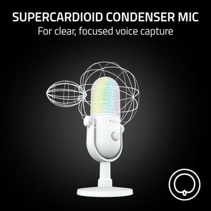 Razer Seiren V3 Chroma 32‐Bit DSP, USB-C Microphone for PC & Mac, White | AI Audio Processing, Noise Isolation, Tap-to-Mute, Supercardioid Condenser Mic, Chroma RGB, Discord, OBS Studio, Streamlabs