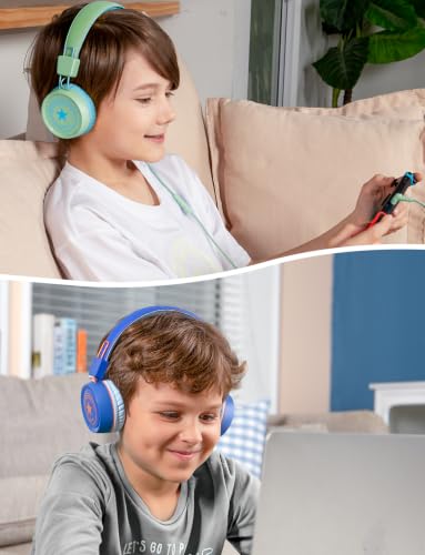 New Bee 2 Pack Kids Headphones with Microphone, Safe Volume Limited | Foldable Wired Toddler Headphones Over Ear for School Travel Mac/Android/Kindle/Tablet/Pad - color: Blue Green-2 Pack, size: wired