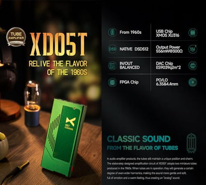 xDuoo XD05 T Portable DAC & Tube Balanced Headphone Amplifier - 1500mW AMP ES9039Q2M MQA DAC DSD512 32Bit/768kHz Bluetooth5.1/USB/Coaxial/Optical/AUX Input