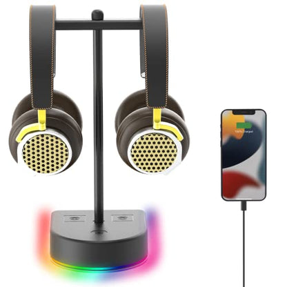 RGB Dual Headphone Stand with USB Charging Port, Desk Gaming Double Headset Holder，Durable Hanger Rack-Suitable for Desktop Table, Game, DJ, Earphone, PC, PS4, PS5, Xbox Gamer Accessories