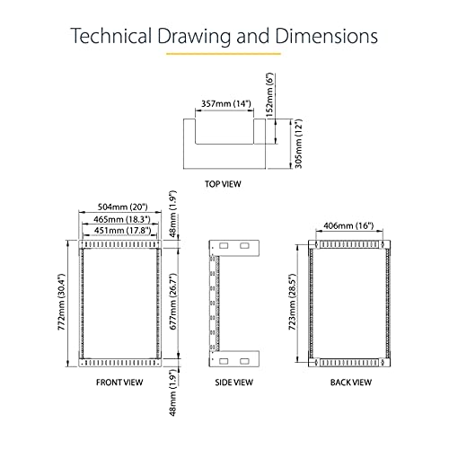 StarTech 15U 2-Post Wall Mount Open Frame Rack, 19in, 200lb (RK15WALLO) - size: 30.5"x19.9"x12"