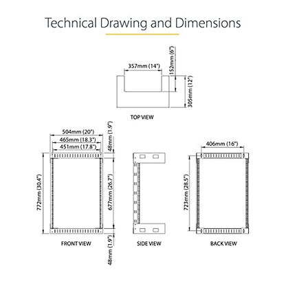 StarTech 15U 2-Post Wall Mount Open Frame Rack, 19in, 200lb (RK15WALLO) - size: 30.5"x19.9"x12"