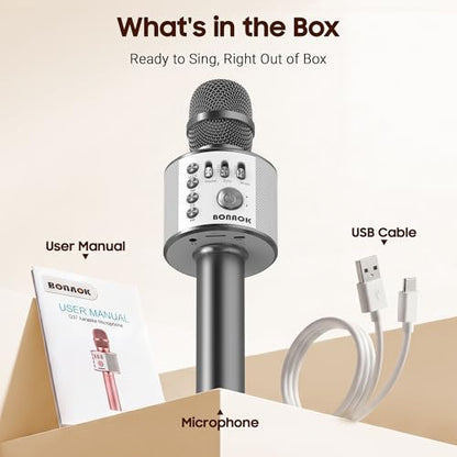 BONAOK Bluetooth Karaoke Microphone, Portable Mic for Adults Kids | Bluetooth 5.0, Echo Mode,Built-in Speaker, SD Card, for iPhone iPad, Handheld,Home Karaoke,Party,Gifts - color: Space Gray