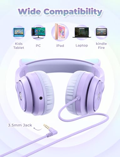 iClever HS20 Kids Headphones for Toddler Girls, Cat Ear LED Light Up School | SafeSound Tech, 3.5mm Wired Foldable FunShare, Stereo Sound, Over-Ear Headphones for Kids for iPad/Tablet/Travel/Gift, Purple - color: Purple
