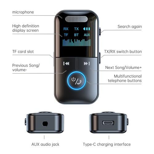 Docooler GT69 Wireless BT Audio Receiver + Transmitter 2-in-1 Audio Adapter Support TF Card Playback Support 3.5mm Audio HD Display Real-time Display of Usage Status 10m Transmission Black