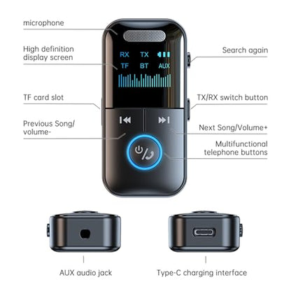 Docooler GT69 Wireless BT Audio Receiver + Transmitter 2-in-1 Audio Adapter Support TF Card Playback Support 3.5mm Audio HD Display Real-time Display of Usage Status 10m Transmission Black