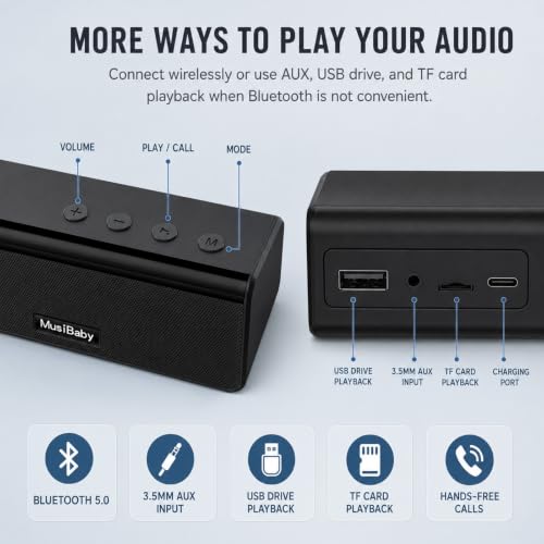 Musibaby M71 Small Portable Bluetooth Speaker, 10W, 24H, IPX5, Black | Rechargeable wireless outdoor speaker with stereo pairing, TF card, USB and AUX for camping, beach, poolside and travel.