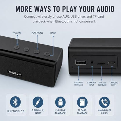 Musibaby M71 Small Portable Bluetooth Speaker, 10W, 24H, IPX5, Black | Rechargeable wireless outdoor speaker with stereo pairing, TF card, USB and AUX for camping, beach, poolside and travel.