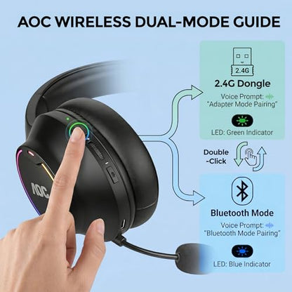 AOC Over-Ear Wireless Gaming Headset with Detachable Noise Cancelling Mic | Bluetooth 6.0 & 2.4GHz, RGB Lighting, Compatible with PS5, PS4, PC, Xbox, Switch