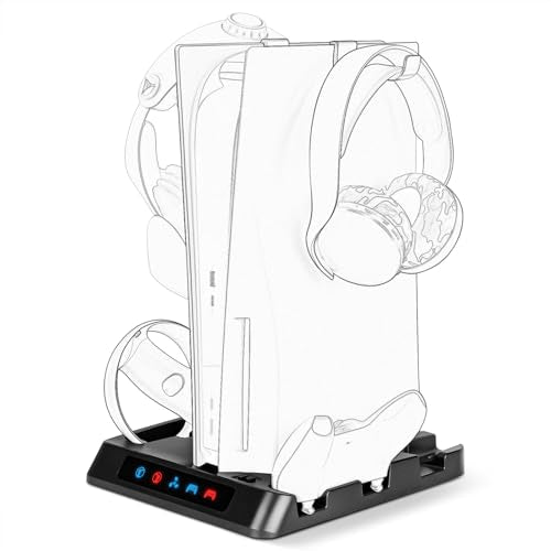 Geekria Charging Station Compatible with Sony PlayStation VR2, PS5, Dual Gamepad Show Case Gaming Accessories with Host Cooling Fan (Black)