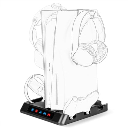 Geekria Charging Station Compatible with Sony PlayStation VR2, PS5, Dual Gamepad Show Case Gaming Accessories with Host Cooling Fan (Black)