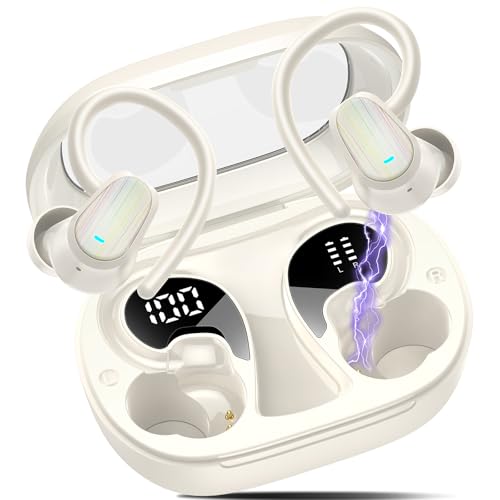Wireless Earbuds, Bluetooth 5.4 Headphones Sport, Over Ear Buds with ENC Noise Canceling Mic, Deep Bass Stereo Ear Buds with Hook, 50H Playback, LED Display, IP7 Earphones for Workout Running, White | 50H Playback, IP7 Waterproof Earphones for Workout Run