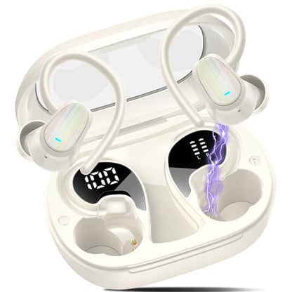 Wireless Earbuds, Bluetooth 5.4 Headphones Sport, Over Ear Buds with ENC Noise Canceling Mic, Deep Bass Stereo Ear Buds with Hook, 50H Playback, LED Display, IP7 Earphones for Workout Running, White | 50H Playback, IP7 Waterproof Earphones for Workout Run
