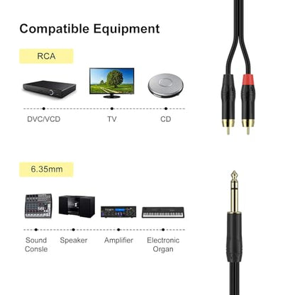 1/4 inch TRS to Dual RCA Audio Cable,Gold Plated Duty 6.35mm 1/4 inch Male TRS to 2 RCA Male Stereo Audio Y Splitter Cable (6Feet) - size: 6Feet