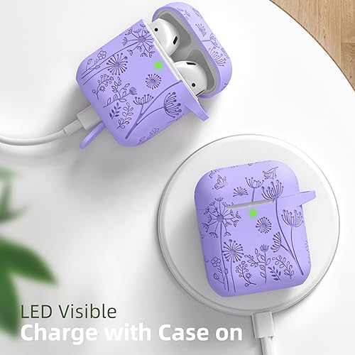 Lerobo for AirPod Case 2nd/1st Generation with Keychain | Flower Engraved Silicone Protective Cover for AirPods 2 Case, Wireless Charging, Shockproof, One-piece Design, Bluish Violet - color: Bluish Violet