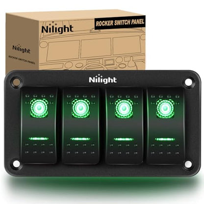 Nilight 4 Gang Rocker Switch Panel SPST On Off Toggle with DIY Label Sticker | 5PIN Electrical 12V/20A 24V/10A Aluminum Plate with Pre-Wired Jumper Wires for LED Light Bar RV Boats 4X4 Cars Green - color: Green, size: 4 Gang