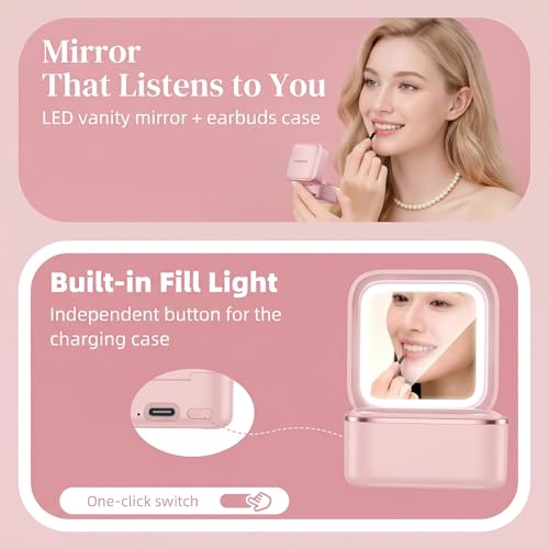 Wireless Earbuds with LED Makeup Mirror Case, Bluetooth 6.0 Open Ear Clip-On Headphones, Cute Pink Air Conduction Earphones for Women, Low Latency, Secure Fit for Running & Travel (Earring Pink) - color: Earring Pink