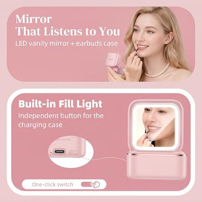 Wireless Earbuds with LED Makeup Mirror Case, Bluetooth 6.0 Open Ear Clip-On Headphones, Cute Pink Air Conduction Earphones for Women, Low Latency, Secure Fit for Running & Travel (Earring Pink) - color: Earring Pink