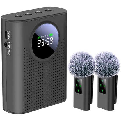 S67 Voice Amplifier Wireless Microphone Dual for Teachers Classroom Rechargeable, Mini Lavalier Lapel Mic, Portable Speaker PA System with LED Display for Class, Tour Guide, Coaches, Black - color: Black 2 Mics