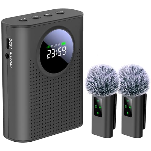S67 Voice Amplifier Wireless Microphone Dual for Teachers Classroom Rechargeable, Mini Lavalier Lapel Mic, Portable Speaker PA System with LED Display for Class, Tour Guide, Coaches, Black - color: Black 2 Mics