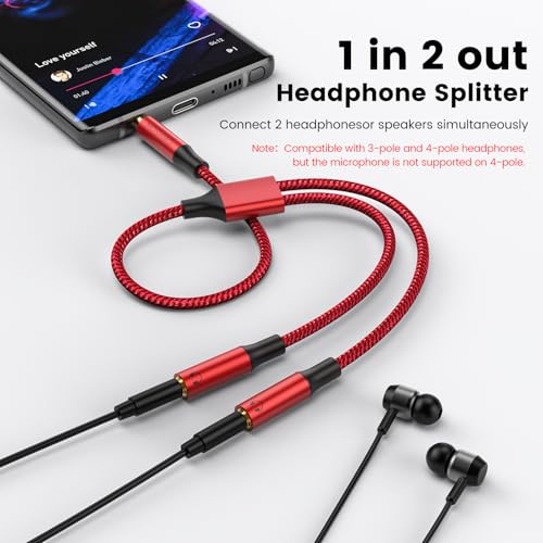 MOSWAG 3.5mm Male to Dual 3.5mm Female Headphone Splitter Adapter, Compatible with iPhone, Samsung, PS4, Switch, Tablets, PC, Laptop, MP3 - color: Red