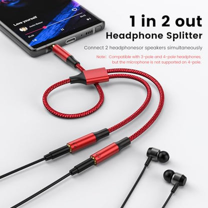 MOSWAG 3.5mm Male to Dual 3.5mm Female Headphone Splitter Adapter, Compatible with iPhone, Samsung, PS4, Switch, Tablets, PC, Laptop, MP3 - color: Red