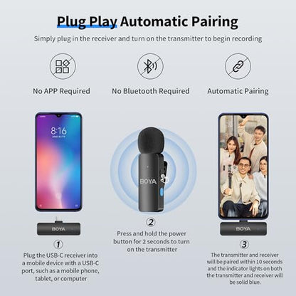 BOYA BY-V4U Wireless Lavalier Microphone for iPhone 15/16 Series, Mini Microphone 200m Range, 18h Battery Life with Noise Cancellation, Compatible for Video Recording, Podcasts, Interviews - style: 4 Channel