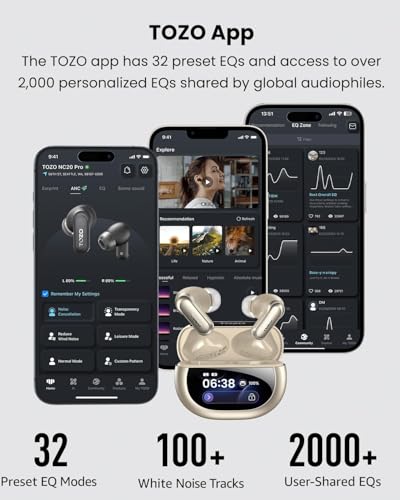 TOZO NC20 Pro Active Noise Cancelling Wireless Earbuds, Smart LCD Screen | LDAC Hi-Res Audio, Stereo Bass, 6 Mics AI Call Ear Buds, 80H Playtime, IPX8 Waterproof, 32 EQ via App, Wireless Charging - color: Titanium Gold
