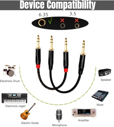 1/4 TRS Patch Cable, 6.35mm TRS Male to Male Balanced Stereo Audio Cable, 2 Pack of 1 Foot Balanced Cord